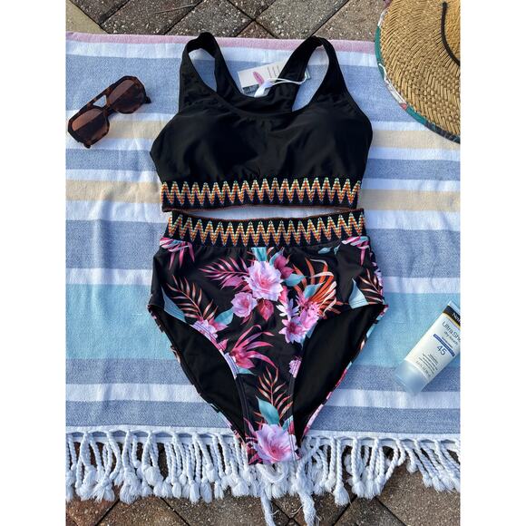 NWT, Women, High Waist Bikini Set, Black and Floral, Sz M - Picture 2 of 11